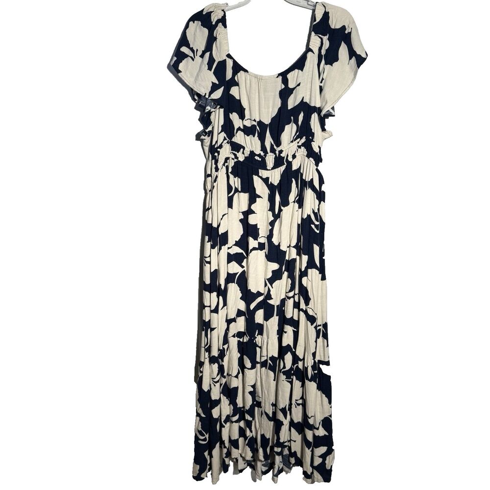 Ava & Viv 2X Maxi Dress Blue White Floral Ruffle Boho Plus Size Summer Easter